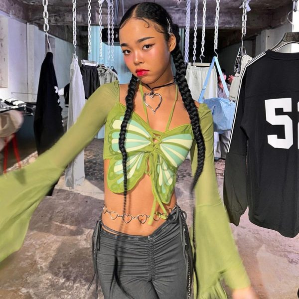 Fashion Street Shooting Sexy Mesh Stitching Bow Tie Top