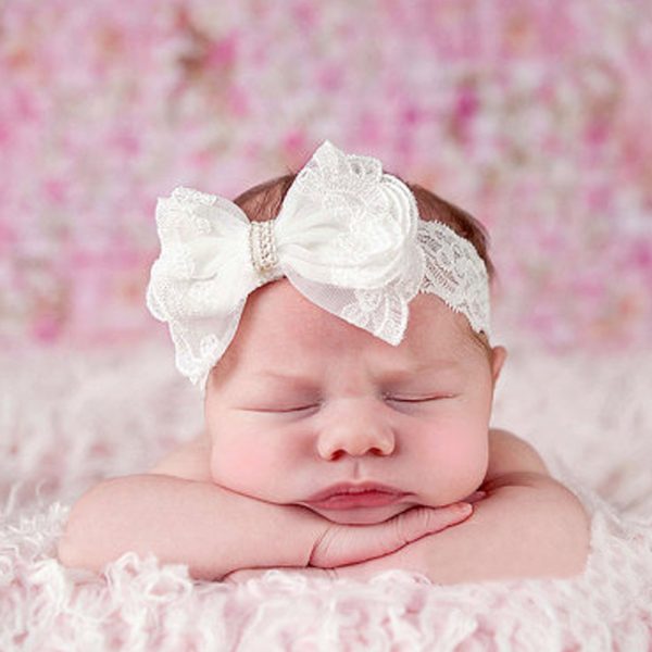 Children's Solid Color Bow Lace Elastic Headband - Image 2