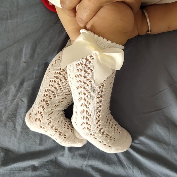 Children's Solid Color Mesh Bow Mid Length Socks With Removable Loops - Image 4