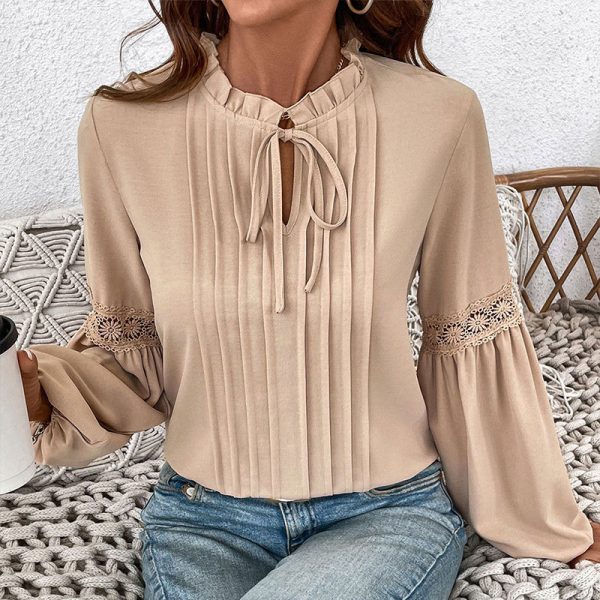 Top Drawstring V-neck Pleated Shirt - Image 3