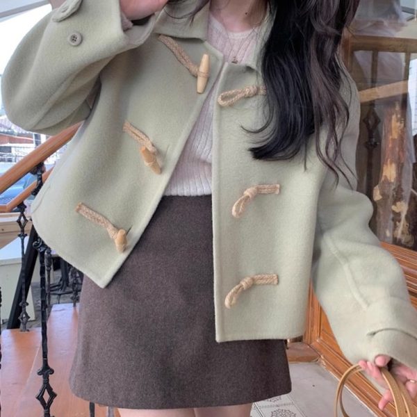 Retro Elegant Lapel Horn Button Woolen Coat - Image 3