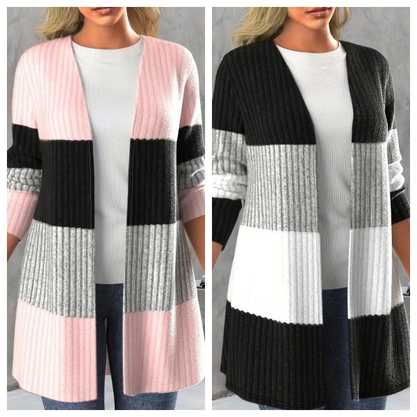 Women's Casual Long Coat With Contrasting Color Pit Stripe And Open Collar - Image 2