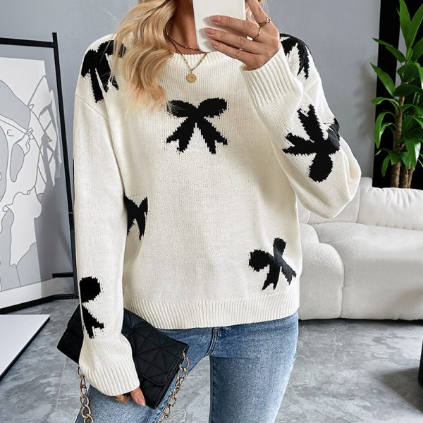 Round Neck Bowknot Jacquard Autumn And Winter Sweater Women - Image 3