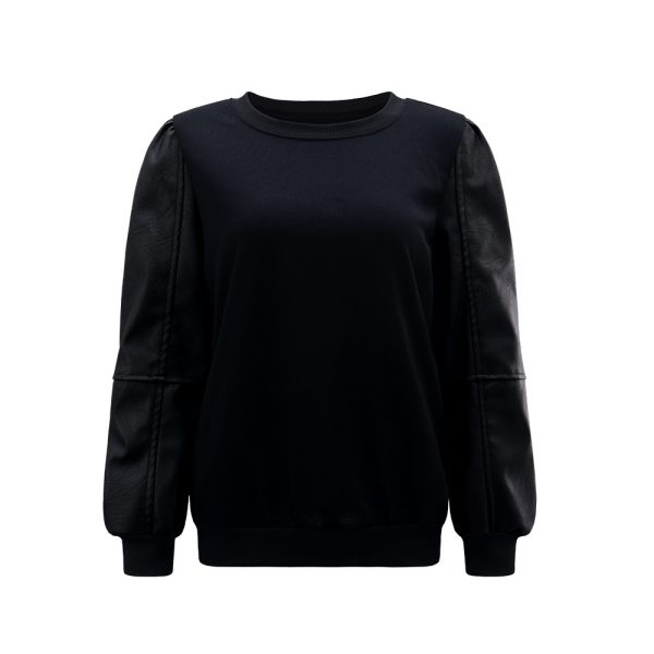 PU Leather Stitching Long Sleeve Round Neck Solid Color Fashion Top - Image 4