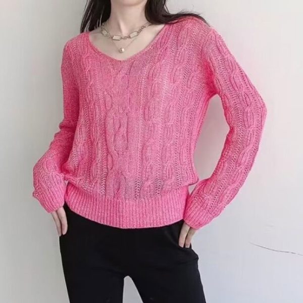 Crocheted Hollow Out V-neck Jacquard Micro-transparent Long-sleeved Sweater - Image 4