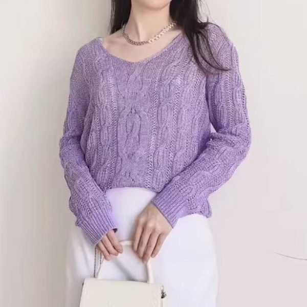 Crocheted Hollow Out V-neck Jacquard Micro-transparent Long-sleeved Sweater - Image 5