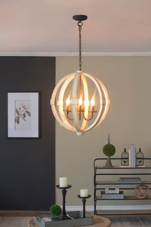 6 - Light Wood Chandelier With Adjustable Chain For Kitchen, Dining Hall Entrance, Bulb Not Included