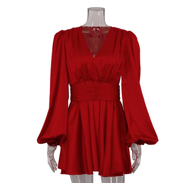 Puff Sleeve V-neck Waist Seal Pleated Dress - Image 6