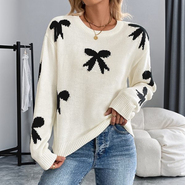 Round Neck Bowknot Jacquard Autumn And Winter Sweater Women