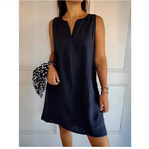 Sleeveless Solid Color Cotton And Linen Women's Clothing Dress - Image 3