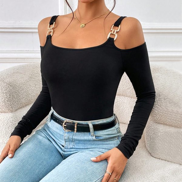 Women's Spring And Summer Fashion Simple Suspender Off-Shoulder Metal Hook Long-Sleeved Sexy Top - Image 5