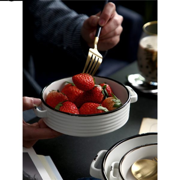 Binaural Noodle Soup Bowl White Ceramic Deep Soup Bowl Large Simple Home Nordic 9-inch Fruit Salad Dessert Bowl - Image 3