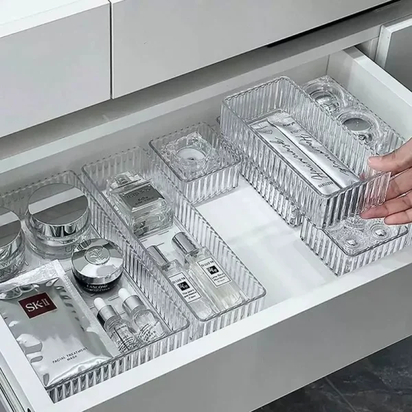 7PCS Desk Drawer Organizers Set Plastic Bathroom Storage Makeup Organizer Clear Transparent Storage Box Bins Kitchen Gadget