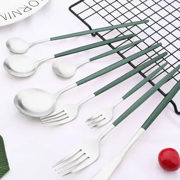 Dark Green Silver Stainless Steel Matte Flatware Dessert Knife Cake Fork Ice Spoon Party Home Kitchen Tableware Dinnerware Set - Image 6