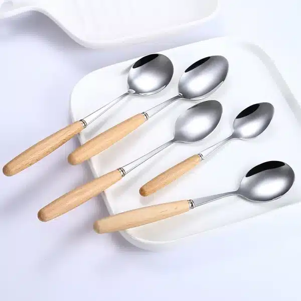 Ice Cream Spoon set 6 Pcs Stainless Steel Dessert Spoon Coffee Spoon Kitchen Gadget Spoon set Mini wooden Handle Tiny Spoonds - Image 4