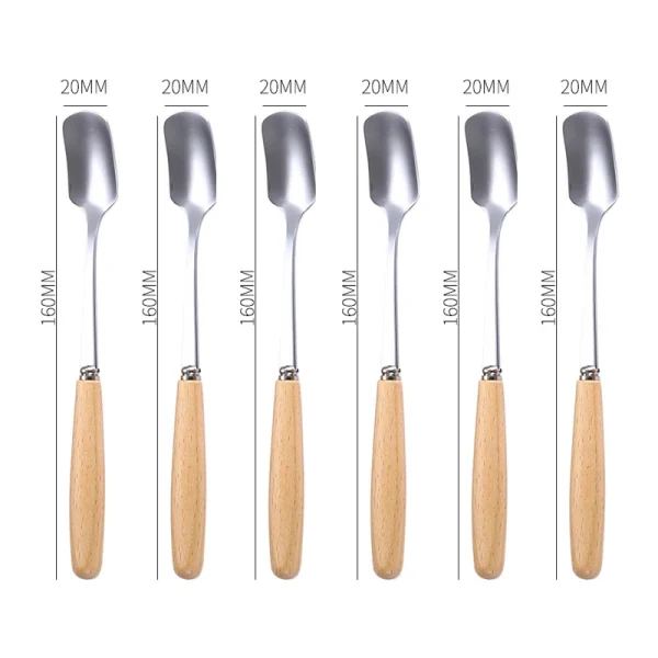 Ice Cream Spoon set 6 Pcs Stainless Steel Dessert Spoon Coffee Spoon Kitchen Gadget Spoon set Mini wooden Handle Tiny Spoonds