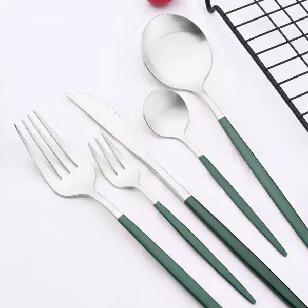 Dark Green Silver Stainless Steel Matte Flatware Dessert Knife Cake Fork Ice Spoon Party Home Kitchen Tableware Dinnerware Set - Image 3