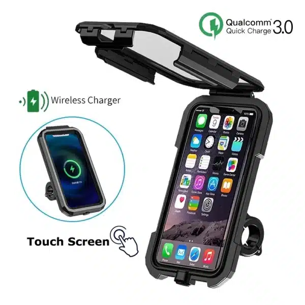 Waterproof Case Bag 12V Motorcycle Phone Holder Handlebar Rear View Mirror Wireless Charger 15W Qi/ Type C Fast Charging Mount