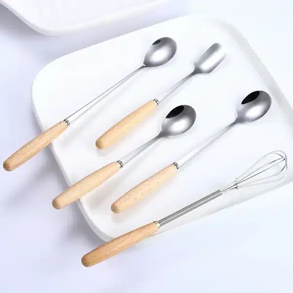 Ice Cream Spoon set 6 Pcs Stainless Steel Dessert Spoon Coffee Spoon Kitchen Gadget Spoon set Mini wooden Handle Tiny Spoonds - Image 2