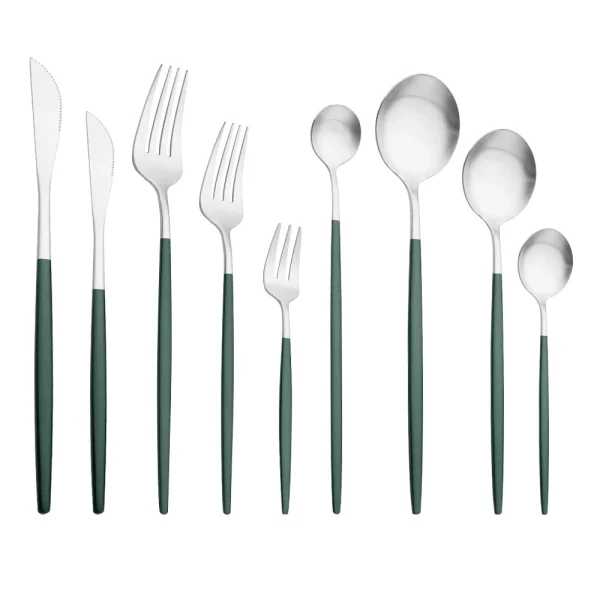 Dark Green Silver Stainless Steel Matte Flatware Dessert Knife Cake Fork Ice Spoon Party Home Kitchen Tableware Dinnerware Set