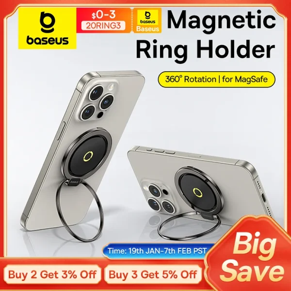 【New】Baseus Magnetic Ring Phone Holder Stand for MagSafe Wireless Charging for iPhone 16 15 14 Pro Max 360 Rotating Finger Stand