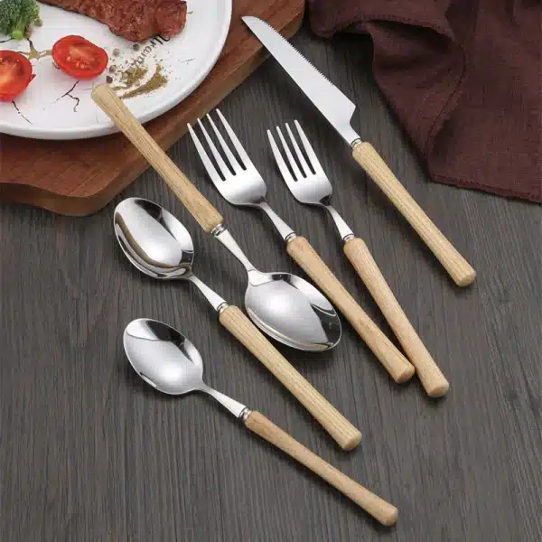 Wooden Handle Cutlery Set 304 Stainless Steel Knife Fork Spoon Teaspoon Dinnerware Set Japanese Tableware Kitchen Utensils - Image 6