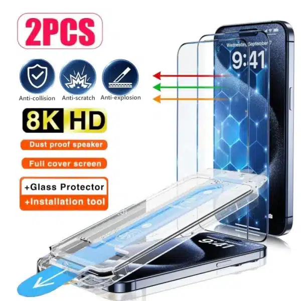 2PCS One-click Dust free Installation HD Screen Protector For iPhone 14 13 12 11 15 Pro Max Mini X XR XS MAX Protective glass