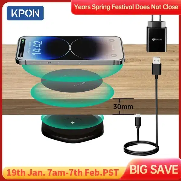 KPON Invisible Wireless Charger 30mm Under Table QI Charger Furniture Desk Wireless Charging Station for iPhone 16/15/14/13/12/8