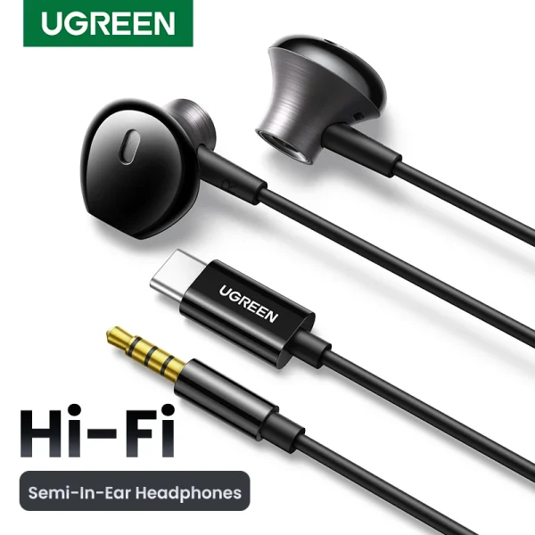 UGREEN Semi-open 3.5mm USB Type C Wired Earbuds with Microphone, Wired Earphones Headphones HiFi Stereo,For Most with 3.5mm Jack