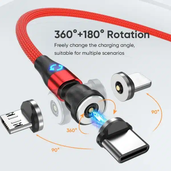 Magnetic Micro USB Type C Charging Cable for Xiaomi Samsung Huawei POCO Redmi 3 in 1 540 Rotate LED Magnetic Cable for iPhone