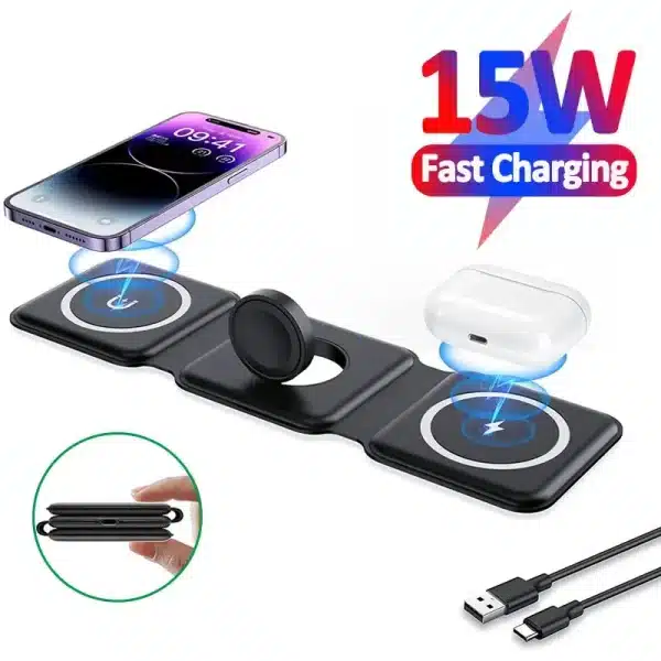 15W 3 in 1 Wireless Charger Stand Foldable for iPhone 14 13 12 Pro Max Airpods iWatch 8 7 Fast Charging Dock Station