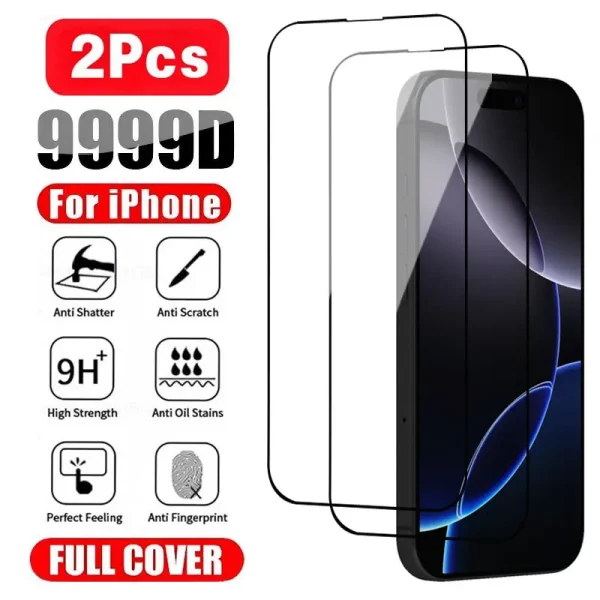 2Pcs 99999D Full Tempered Glass For iPhone 16 Pro Max Screen Protector For iPhone 14 15 Plus 11 12 13 Pro X XR XS Max Glass Film