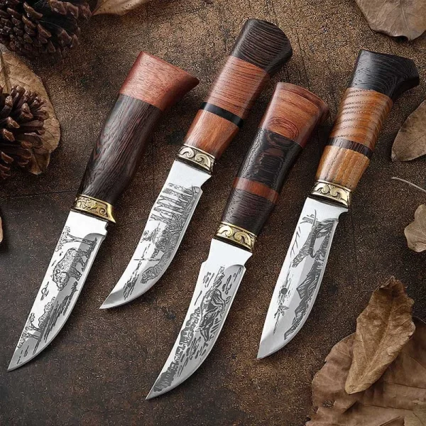 Kitchen Knife Set Beautifully Corroded Pattern Double Solid Wood Splice Copper Head Handle High Hardness Steel Carving Knife