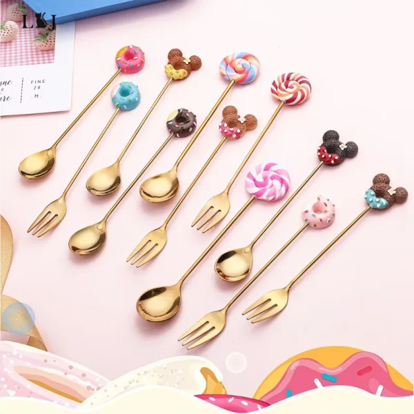 Stainless Steel Spoon Fork Cute Version Rainbow Lollipop Donut Macaron Dessert Spoons Fruit Forks Kids Set Kitchen Accessories