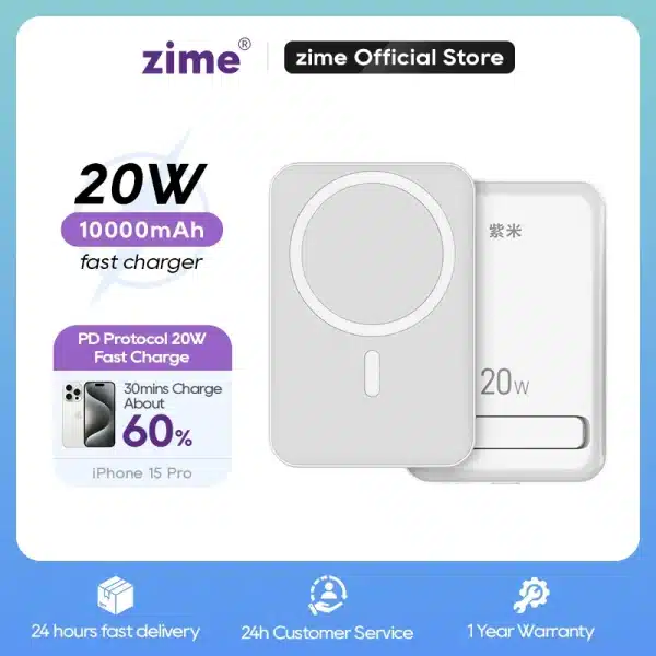 zime 10000mAh Mini Portable Slim Wireless Power Bank with Magnetic Stand For PD 20W Compatible with iPhone Series and Android