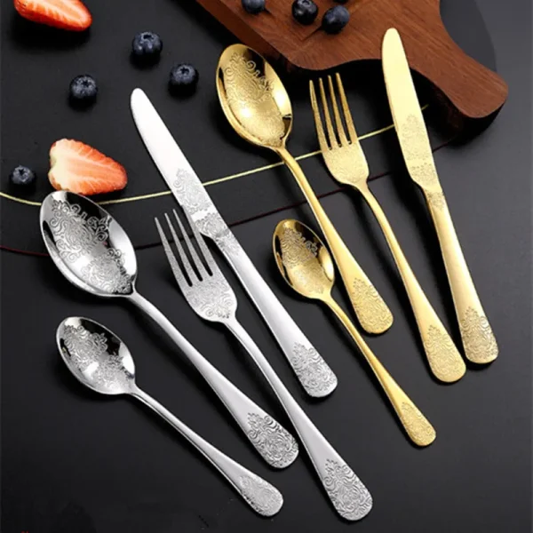 Stainless Steel Engraved Golden Cutlery Set Tableware Mirror Embossing Spoons Knives Forks Dinnerware Sets Kitchen Utensils