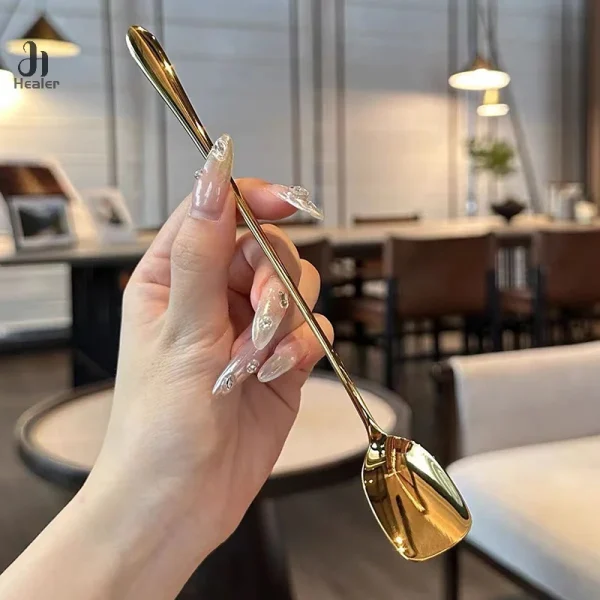 Stainless Steel Round Spoon Net Red Golden Dinner Long Handle Stirring Dessert Spoons For Kitchen Accessories Gadgets