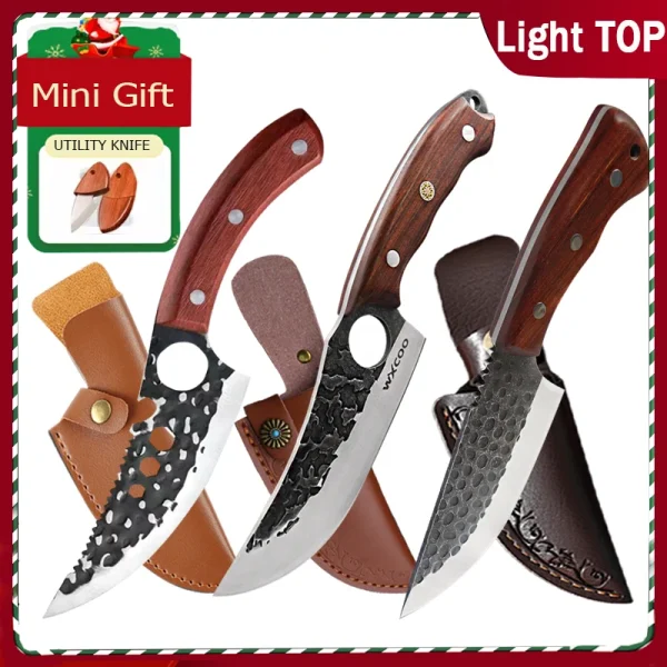 Stainless Steel Hand Forged Butcher Knife Multipurpose Kitchen Knives Fruit Slicing Meat Cutting BBQ Knife with Mini Knife Gift