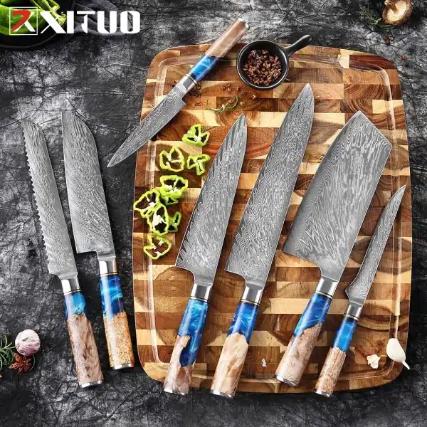 XITUO Kitchen Knives Set Damascus Steel VG10 Chef Knife Cleaver Paring Bread Knife Blue Resin Stabilised Wood Handle 1-7PCS set - Image 5