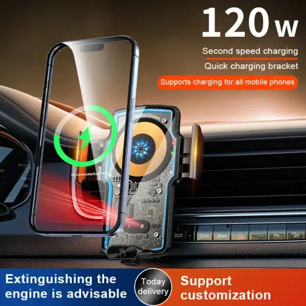 120W Magnetic Charger Car Phone Holder 15W Fast Wireless Charging Autocar Phone Stand Touch Control Lights for iPhone Xiaomi