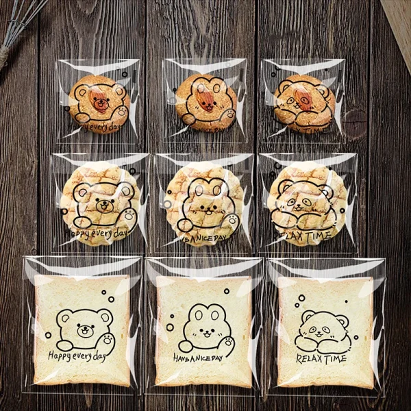 100Pcs Cute Cartoon Bear Pattern Transparent Bread Gift Wrap Self-sealing Bag Happy Everyday Blessing Printed Square OPP Bags