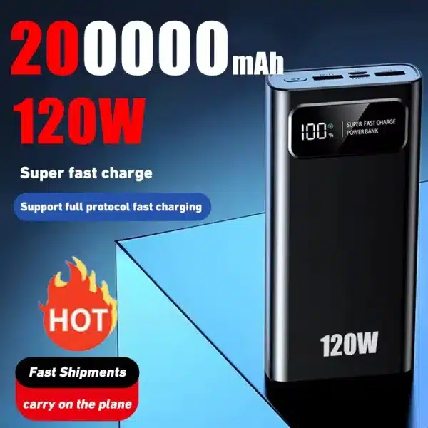 200000mAh Power Bank 120W Super Fast Charging High Capacity Portable Digital Display External Battery For Iphone Samsung Xiaomi