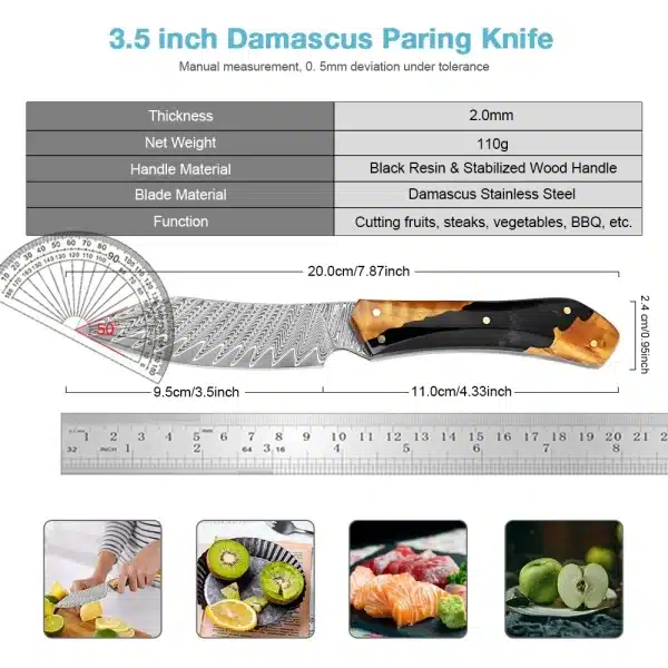 Japanese 3.5 Inch Utility Knife VG10 Damascus Steel Pro Paring Knife Sharp Kitchen Petty Knife Full Tang Resin and Wood Handle - Image 2