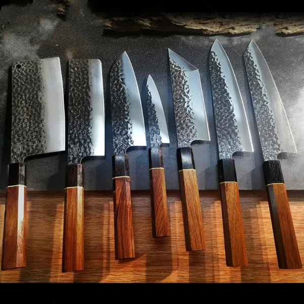 Forged Chef Knives Set Hammer Japanese Knives Kiritsuke Santoku Knife Cleaver Salmon Sushi Knife 90Cr18MoV Kitchen Knives