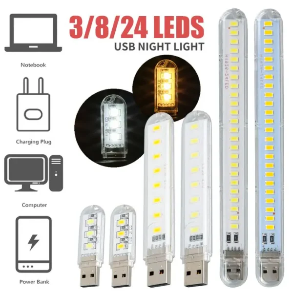 Mini Portable USB LED Book Light DC5V Ultra Bright Reading Book Lamp 3leds 8leds 24leds Lights For Power Bank PC Laptop Notebook