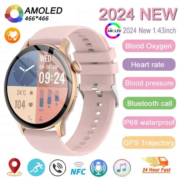 2024 New NFC Smart Watch Ladies 466*466 HD Screen Health Tracker Sports Voice Bluetooth Call Smartwatch Women For Huawei Xiaomi