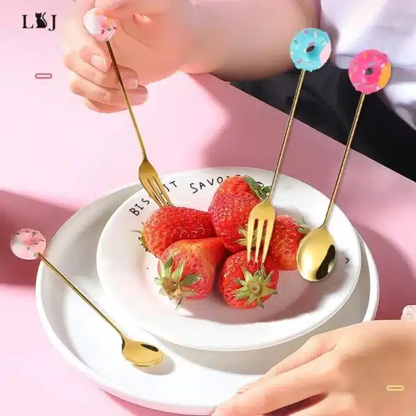 Stainless Steel Spoon Fork Cute Version Rainbow Lollipop Donut Macaron Dessert Spoons Fruit Forks Kids Set Kitchen Accessories - Image 6