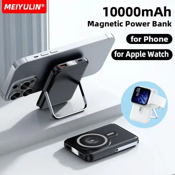 10000mAh Portable Magnetic Wireless Power Bank Stand for Apple Watch USB C Fast Charging External Battery for iPhone 15 Samsung