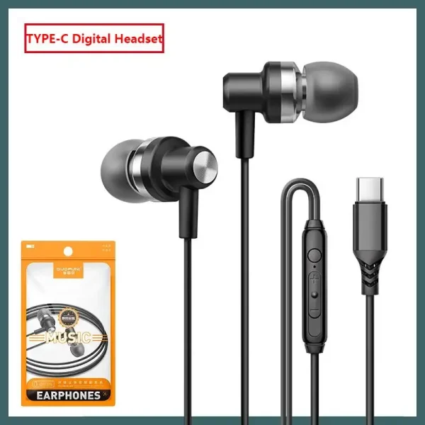 type-c In-Ear Wired Headphones Metal Design Stereo Sport Music Earbuds Handfree Gaming Headset Earphones with HD mic For Samsung