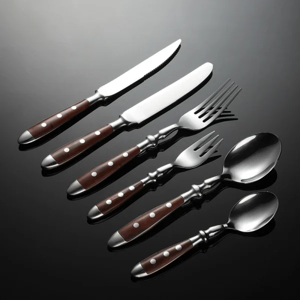 430 Stainless Steel Western Brown Cutlery Set Point Rivets Wooden Handle Dinnerware Knife Fork Spoon Teaspoon for Kitchen